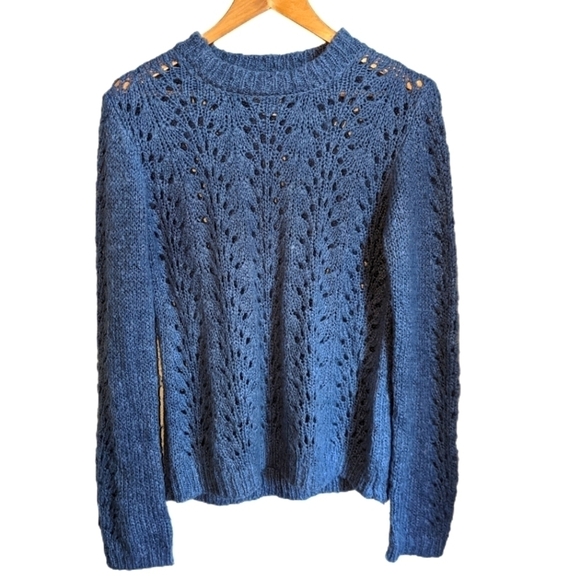 Sweaters - Blue Mohair Casual Crochet Loose Knit Crewneck Sweater Size Medium